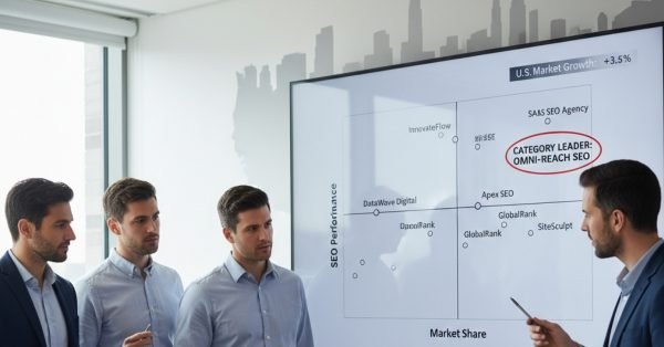 Group of male SaaS strategists of different ages analyzing a competitive positioning chart highlighting a category leader in the U.S. market.