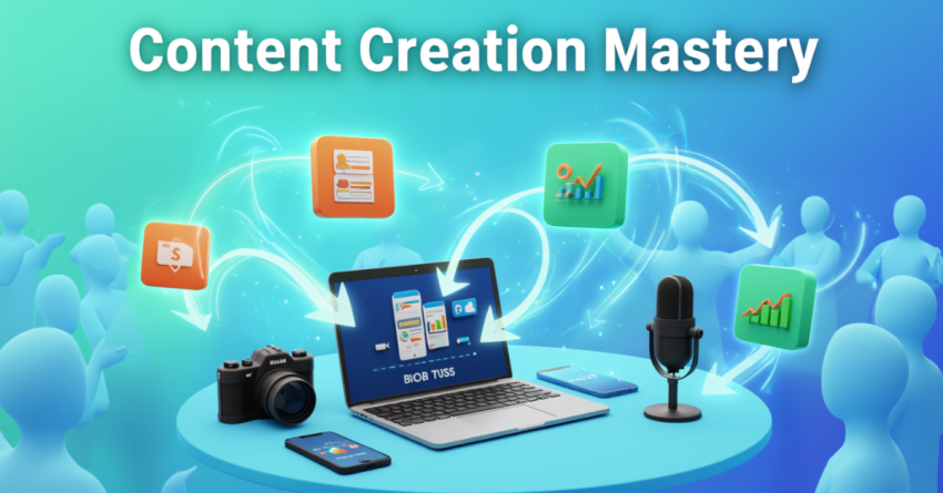 Creative workspace with laptop, camera, social media icons, and charts showing content creation and audience engagement.