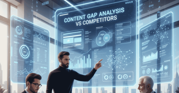 SEO analysts comparing competitor keyword data on digital dashboards for content gap analysis.