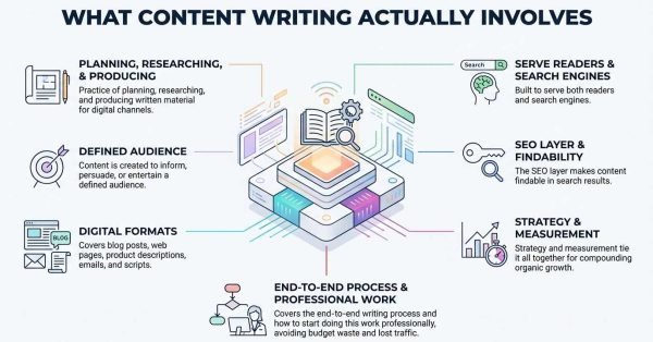 What content writing actually involves infographic showing an isometric layered digital content hub connecting planning, research, audience targeting, SEO findability, digital formats, and performance measurement.