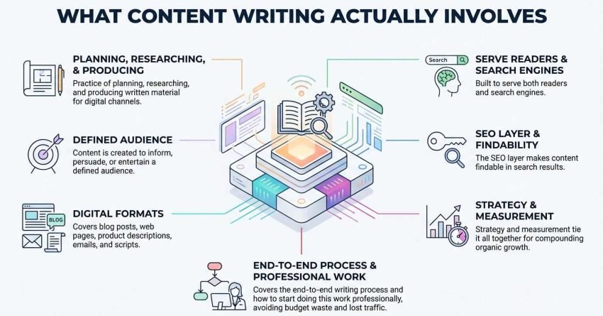 What content writing actually involves infographic showing an isometric layered digital content hub connecting planning, research, audience targeting, SEO findability, digital formats, and performance measurement.