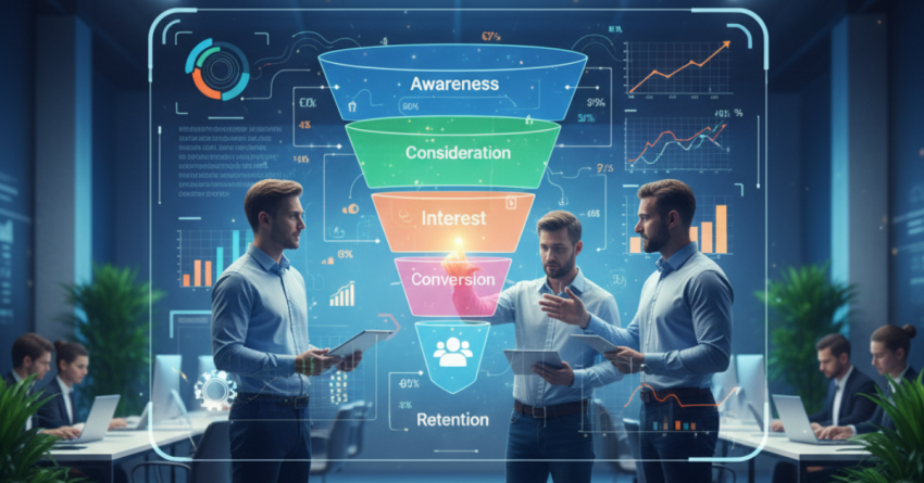 Digital marketing professionals analyzing a colorful conversion funnel with highlighted bottlenecks