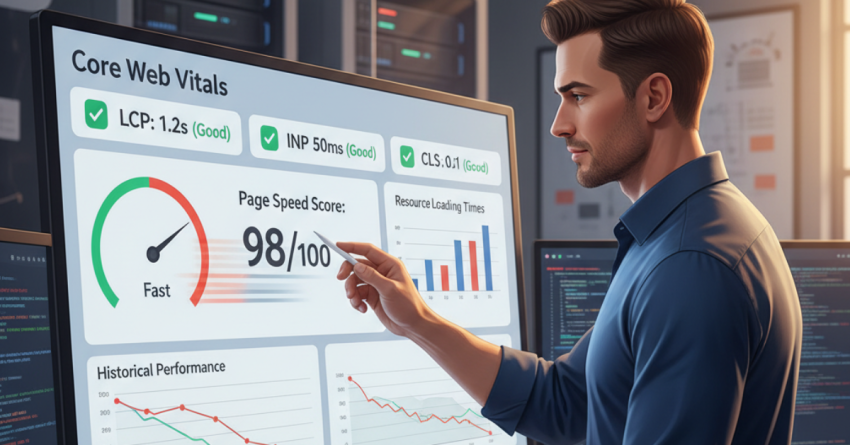 Web developer analyzing Core Web Vitals metrics on fast-loading website dashboard