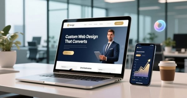 Laptop showing a responsive business website design with analytics highlighting conversions and growth