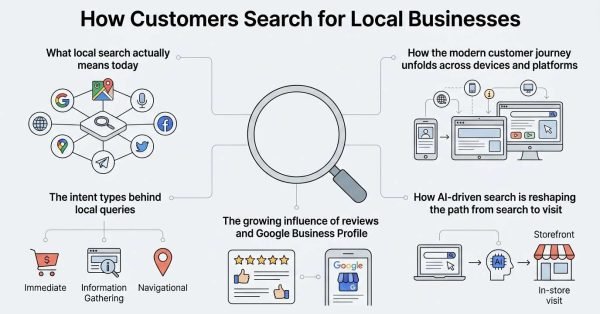 Infographic titled How Customers Search for Local Businesses outlining modern local search definitions, cross-device customer journeys, query intent types, review and GBP influence, and AI-driven search pathways around a central inspection magnifying glass.