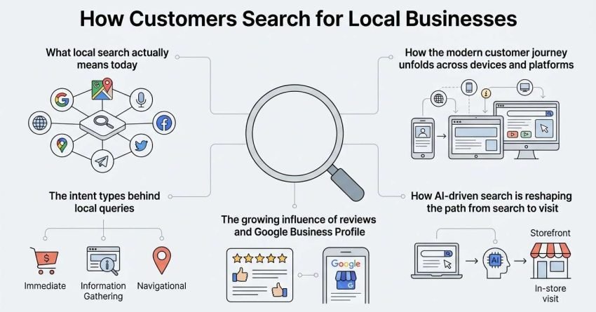 Infographic titled How Customers Search for Local Businesses outlining modern local search definitions, cross-device customer journeys, query intent types, review and GBP influence, and AI-driven search pathways around a central inspection magnifying glass.