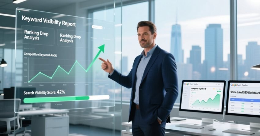 Male SEO professional analyzing keyword visibility dashboards in a modern office, using white label SEO reports to diagnose low organic visibility and recover rankings.