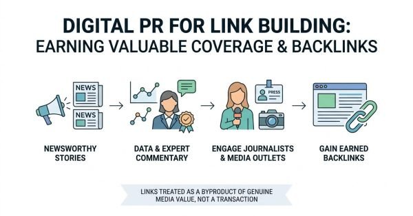 Digital PR for link building infographic, earning valuable media coverage backlinks, newsworthy stories, data studies expert commentary, engage journalists media outlets press, gain earned editorial backlinks, media value over transactional links, and digital PR SEO SOP.