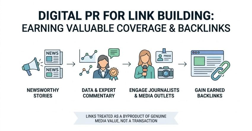 Digital PR for link building infographic, earning valuable media coverage backlinks, newsworthy stories, data studies expert commentary, engage journalists media outlets press, gain earned editorial backlinks, media value over transactional links, and digital PR SEO SOP.