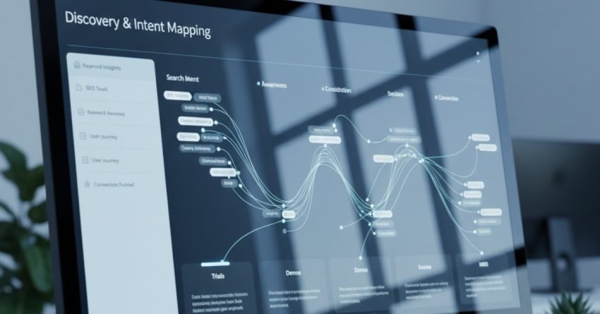 Bright SaaS analytics dashboard showing discovery and intent mapping flow from search keywords to conversions like trials and MRR.