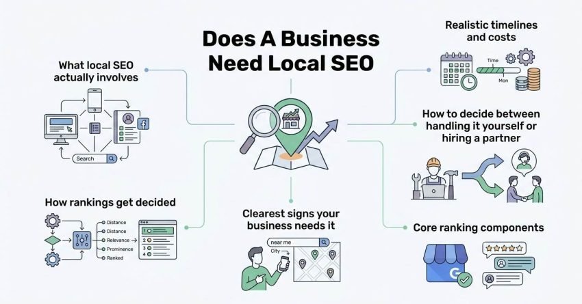 Infographic titled Does A Business Need Local SEO outlining six strategic modules: What local SEO actually involves, How rankings get decided, Clearest signs your business needs it, Realistic timelines and costs, How to decide between handling it yourself or hiring a partner, and Core ranking components around a central map magnifying glass.