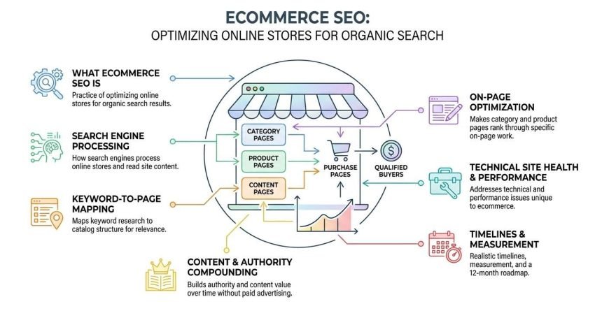Ecommerce SEO infographic illustrating how optimizing online stores for organic search guides visitors through category, product, and content pages toward purchase pages to generate qualified buyers and sales.