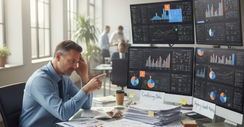 Digital marketing manager frustrated with fragmented analytics dashboards and noisy reporting in a modern office.