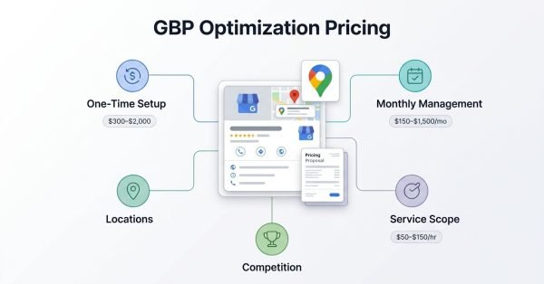 GBP optimization pricing infographic showing one-time setup, monthly management, locations, competition, and service scope with example pricing ranges.