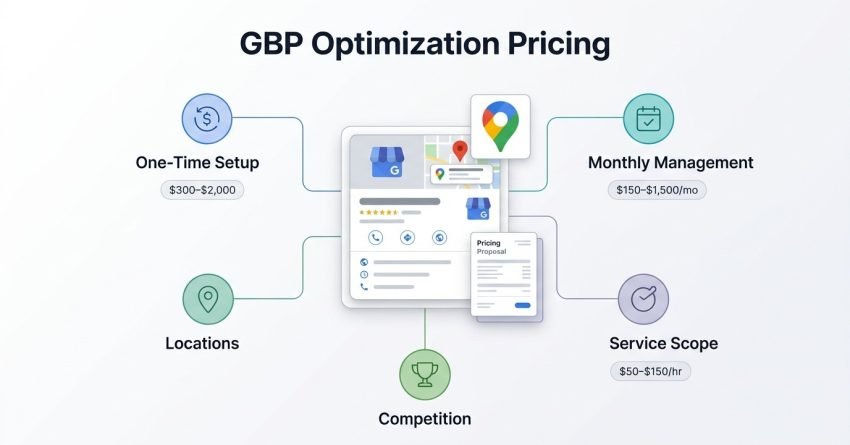 GBP optimization pricing infographic showing one-time setup, monthly management, locations, competition, and service scope with example pricing ranges.