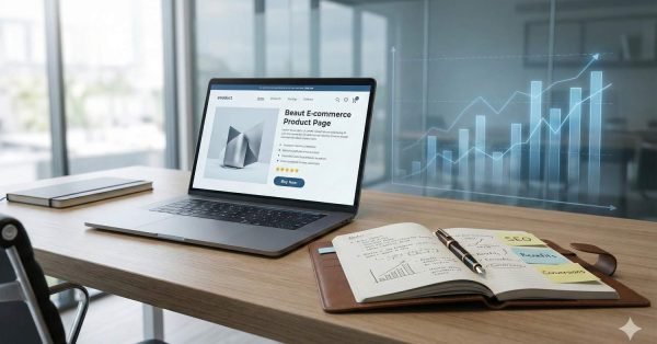 A laptop on a modern desk displays a beauty e-commerce product page with ratings and a buy button, beside an open notebook labeled SEO and conversion notes, while transparent rising graphs appear in the background, suggesting performance tracking and online sales growth.