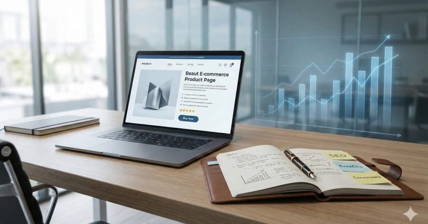 A laptop on a modern desk displays a beauty e-commerce product page with ratings and a buy button, beside an open notebook labeled SEO and conversion notes, while transparent rising graphs appear in the background, suggesting performance tracking and online sales growth.