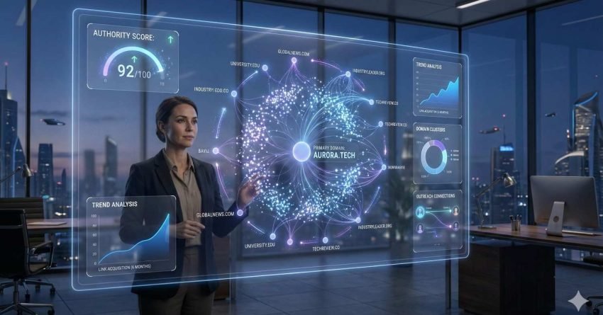 A professional stands in a modern office interacting with a transparent analytics display showing backlink networks around a central domain, authority score of 92, trend charts, and outreach data, representing advanced SEO monitoring, link analysis, and digital growth strategy.