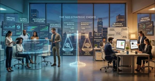 Split office scene showing teams comparing outsourced versus in-house SEO strategies, with dashboards for organic growth, global reach, budgets, ROI, and revenue indicators, and a central scale graphic labeled “The SEO Strategic Choice” balancing cost, convenience, and control.