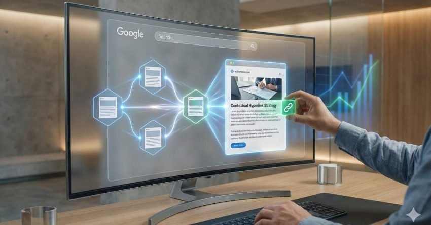 Person using a large transparent Google search interface on a desktop monitor, connecting webpage icons in a network diagram. A highlighted card shows “Contextual Hyperlink Strategy” while a hand places a green link icon, illustrating SEO link building and content optimization in a modern office setting.