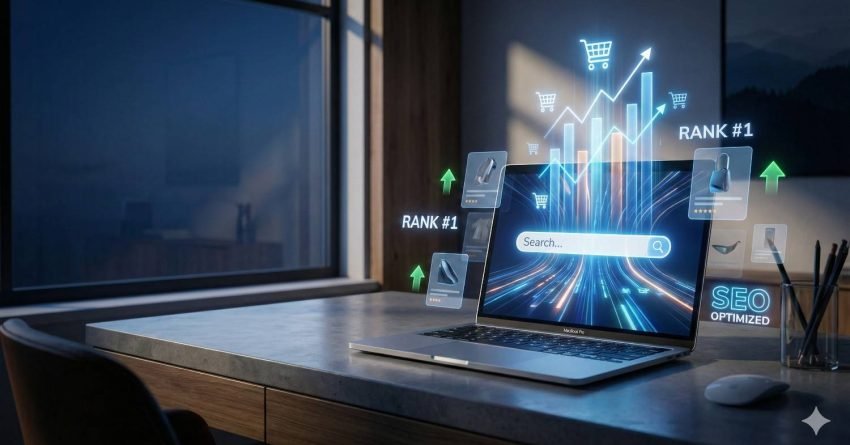 Laptop on a desk displaying an ecommerce search bar with glowing SEO graphics, rising charts, shopping cart icons, “Rank #1” labels, product cards, and upward arrows, symbolizing improved search rankings, online visibility, and sales growth in a modern workspace.