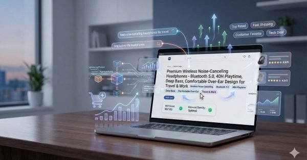 A laptop displays an optimized headphone product page with long-form SEO description, keywords, schema elements, ratings, analytics graphs, and upward ranking arrows, illustrating ecommerce SEO strategy, conversion optimization, and performance growth in a modern workspace.