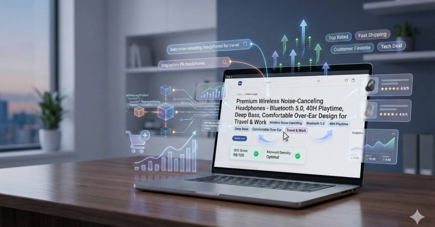 A laptop displays an optimized headphone product page with long-form SEO description, keywords, schema elements, ratings, analytics graphs, and upward ranking arrows, illustrating ecommerce SEO strategy, conversion optimization, and performance growth in a modern workspace.