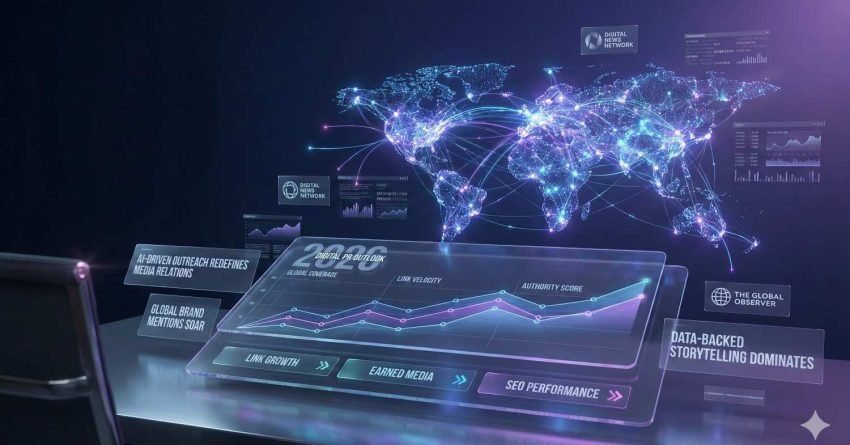 A futuristic holographic dashboard displays a glowing world map with interconnected data lines, analytics charts, SEO metrics, and media performance graphs floating above a sleek glass interface in purple-blue lighting, suggesting global digital outreach, data-driven storytelling, and international network growth.