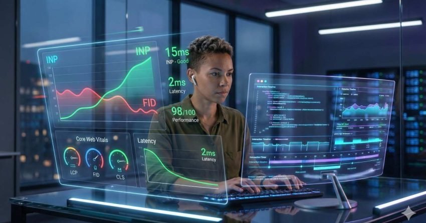 Professional analyzing website performance on futuristic transparent dashboards showing Core Web Vitals, INP, FID, latency, and performance scores. Developer works at computer in modern office, monitoring real-time metrics and optimization data for improved speed and user experience.