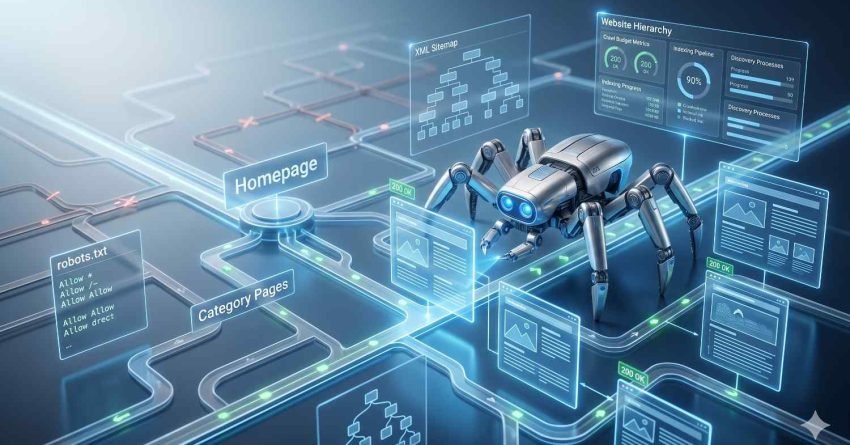 Technical SEO and website crawling visualization showing search engine bots analyzing website architecture, XML sitemaps, robots.txt files, category pages, and indexing processes to improve crawlability, indexation, site structure, search visibility, and overall SEO performance