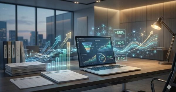 Modern office desk with a laptop displaying analytics dashboards and glowing data overlays showing rising charts, ROI and lead growth, stacks of reports and books nearby, and a desk lamp, with city windows in the background suggesting business performance and success.