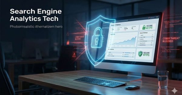 Desktop monitor displaying search engine analytics dashboard with traffic graphs and secure HTTPS badge. A glowing digital shield with a lock blocks cyber threats, while red warning indicators show attacks prevented, symbolizing website security, SEO analytics, and protected online performance.
