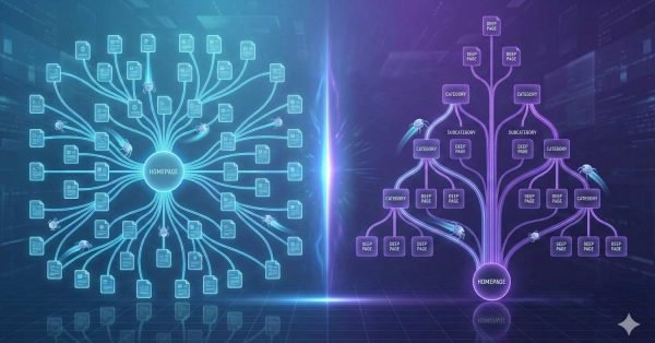 Split illustration comparing website structures. Left shows a homepage with many equal-level pages branching out chaotically. Right shows a clear hierarchical tree with homepage, categories, subcategories, and deep pages, representing improved site architecture, crawlability, and organized internal linking for SEO.