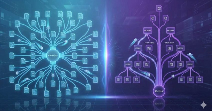 Split illustration comparing website structures. Left shows a homepage with many equal-level pages branching out chaotically. Right shows a clear hierarchical tree with homepage, categories, subcategories, and deep pages, representing improved site architecture, crawlability, and organized internal linking for SEO.
