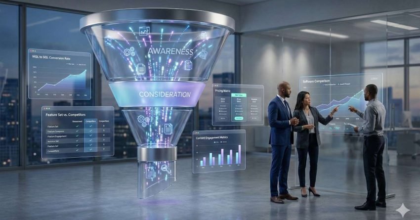 A modern office scene with a large holographic marketing funnel labeled Awareness and Consideration, surrounded by analytics dashboards. Three professionals discuss data-driven insights, software comparisons, pricing metrics, and engagement charts, illustrating strategic decision-making and funnel optimization for business growth.