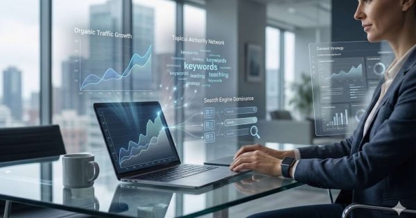 A professional woman works at a glass desk with a laptop showing rising analytics charts, while transparent screens display organic traffic growth, keyword networks, search dominance, and content strategy dashboards inside a modern office with large windows and city views.