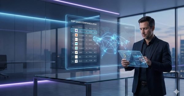 A business professional in a modern office holds a transparent tablet while a holographic screen displays “Top SaaS Companies 2024,” rankings, charts, and a glowing world network map, reflected on a glass table with neon accent lighting in the background.