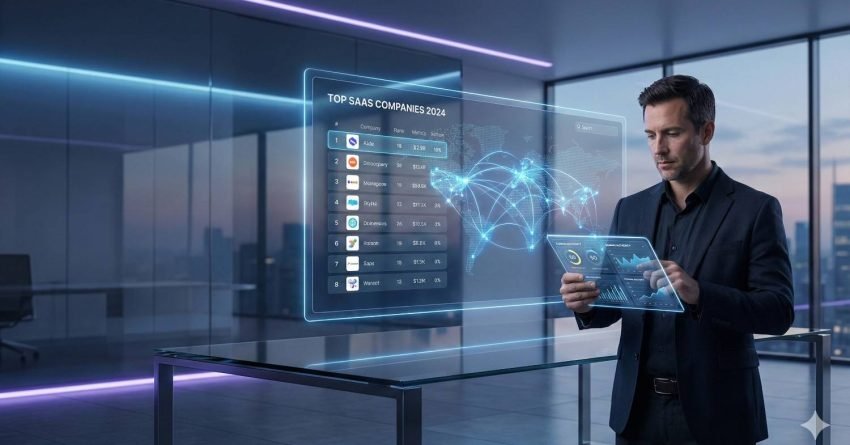 A business professional in a modern office holds a transparent tablet while a holographic screen displays “Top SaaS Companies 2024,” rankings, charts, and a glowing world network map, reflected on a glass table with neon accent lighting in the background.