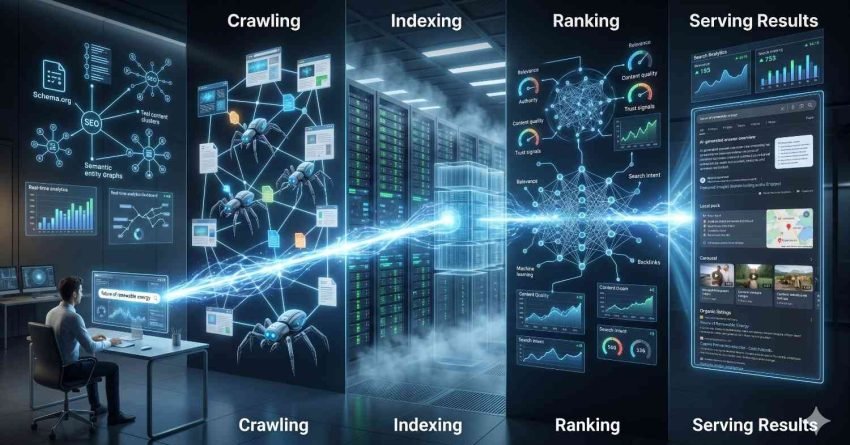 SEO process visualization illustrating how search engines discover, organize, evaluate, and display web content. The diagram highlights crawling, indexing, ranking, and serving results using interconnected data networks, semantic relationships, and analytics dashboards. A data center environment and search interface demonstrate the flow from content discovery to search result presentation.