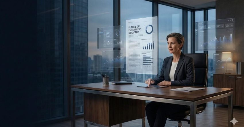 A professional woman sits at a modern office desk overlooking a city skyline, working with transparent holographic screens displaying charts, graphs, and a “Future of Enterprise Strategy” report, suggesting advanced technology, data analysis, and corporate planning in a high-rise workspace.