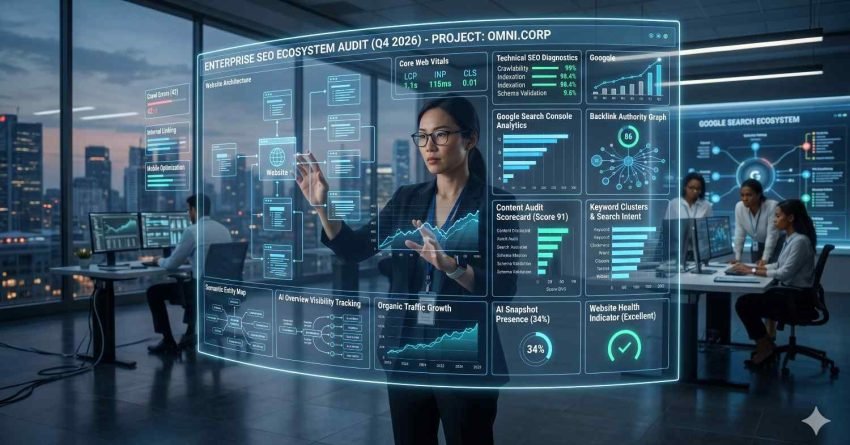 SEO analyst reviewing an enterprise SEO ecosystem audit through an interactive digital dashboard in a modern office. The display highlights website architecture, Core Web Vitals, technical diagnostics, content quality, keyword clusters, backlink authority, search analytics, and organic traffic growth. Team members collaborate nearby, emphasizing data-driven optimization and performance monitoring.