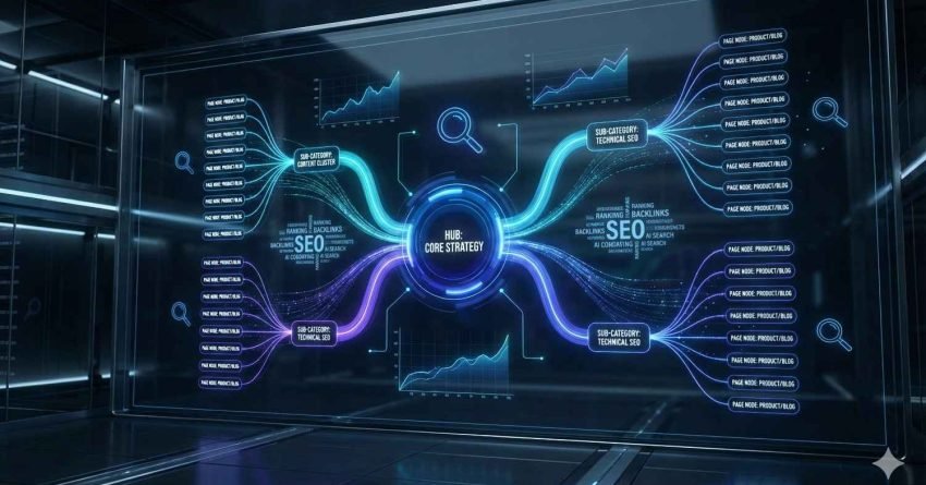 Futuristic wall-sized display visualizing an SEO hub-and-spoke strategy with glowing data streams connecting core strategy to subcategories, product pages, and technical SEO. Charts, graphs, and search icons surround the network, illustrating site architecture, ranking signals, and performance growth in a high-tech environment.