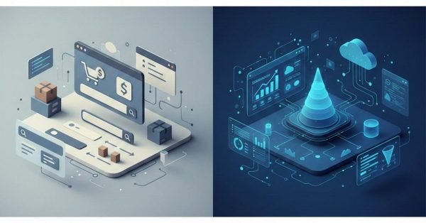 Split-screen illustration comparing traditional SEO and SaaS SEO, showing traditional SEO focused on keyword conversion and transactions, while SaaS SEO emphasizes longer buyer journeys, data-driven funnels, and product-led growth with analytics dashboards and cloud-based systems.