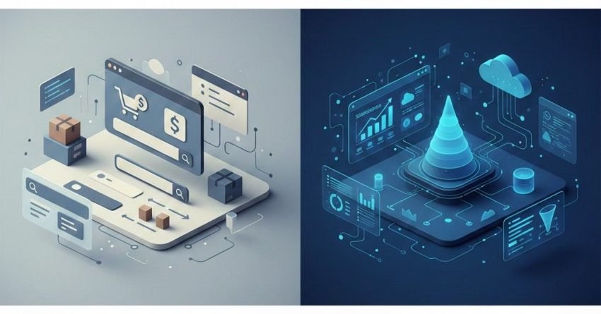 Split-screen illustration comparing traditional SEO and SaaS SEO, showing traditional SEO focused on keyword conversion and transactions, while SaaS SEO emphasizes longer buyer journeys, data-driven funnels, and product-led growth with analytics dashboards and cloud-based systems.