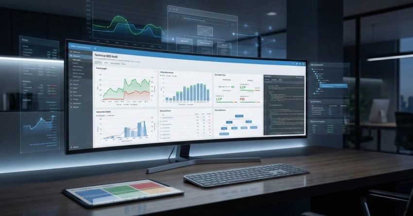 A modern workspace with an ultrawide monitor displaying a technical SEO audit dashboard, featuring performance graphs, Core Web Vitals, crawl data, and site metrics, surrounded by floating analytics panels, emphasizing data-driven website optimization and professional SEO analysis.