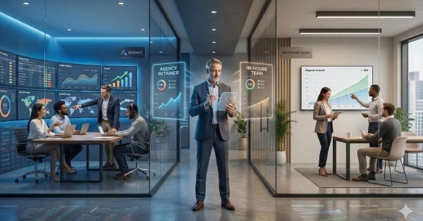 Split office scene comparing an SEO agency and an in-house team. On one side, an agency reviews analytics dashboards and retainer metrics; on the other, an internal team discusses organic growth charts. A leader stands between both, evaluating performance and ROI.