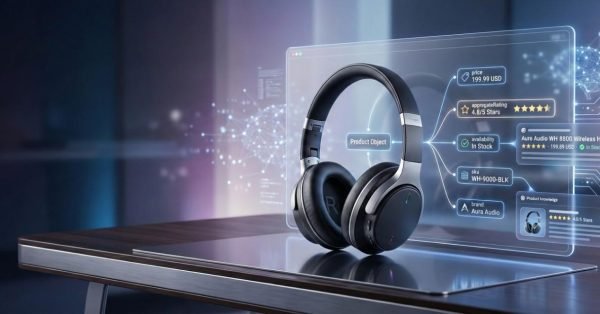 A pair of wireless headphones sits on a desk while a holographic SEO interface displays product schema data such as price, availability, ratings, brand, and model, with glowing network lines illustrating structured data, rich results, and ecommerce visibility enhancement.