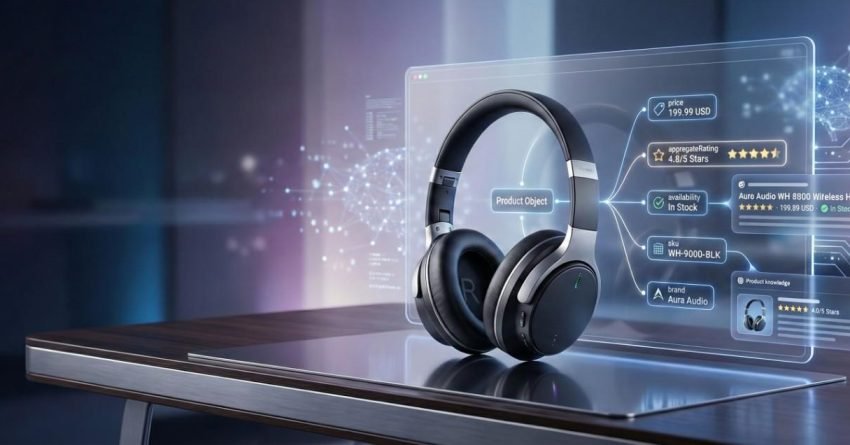A pair of wireless headphones sits on a desk while a holographic SEO interface displays product schema data such as price, availability, ratings, brand, and model, with glowing network lines illustrating structured data, rich results, and ecommerce visibility enhancement.