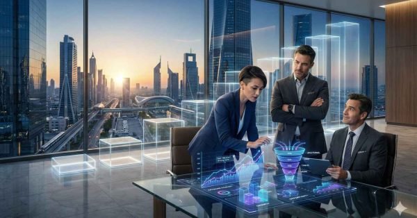 Three business professionals analyze a glowing holographic analytics table with growth charts and funnel data inside a high-rise office, while a futuristic city skyline at sunset fills the floor-to-ceiling windows behind transparent data blocks floating nearby.