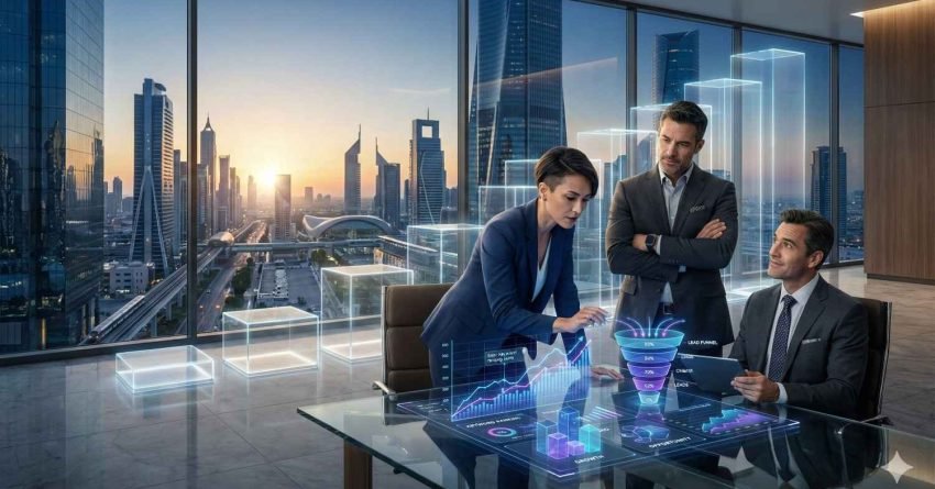 Three business professionals analyze a glowing holographic analytics table with growth charts and funnel data inside a high-rise office, while a futuristic city skyline at sunset fills the floor-to-ceiling windows behind transparent data blocks floating nearby.